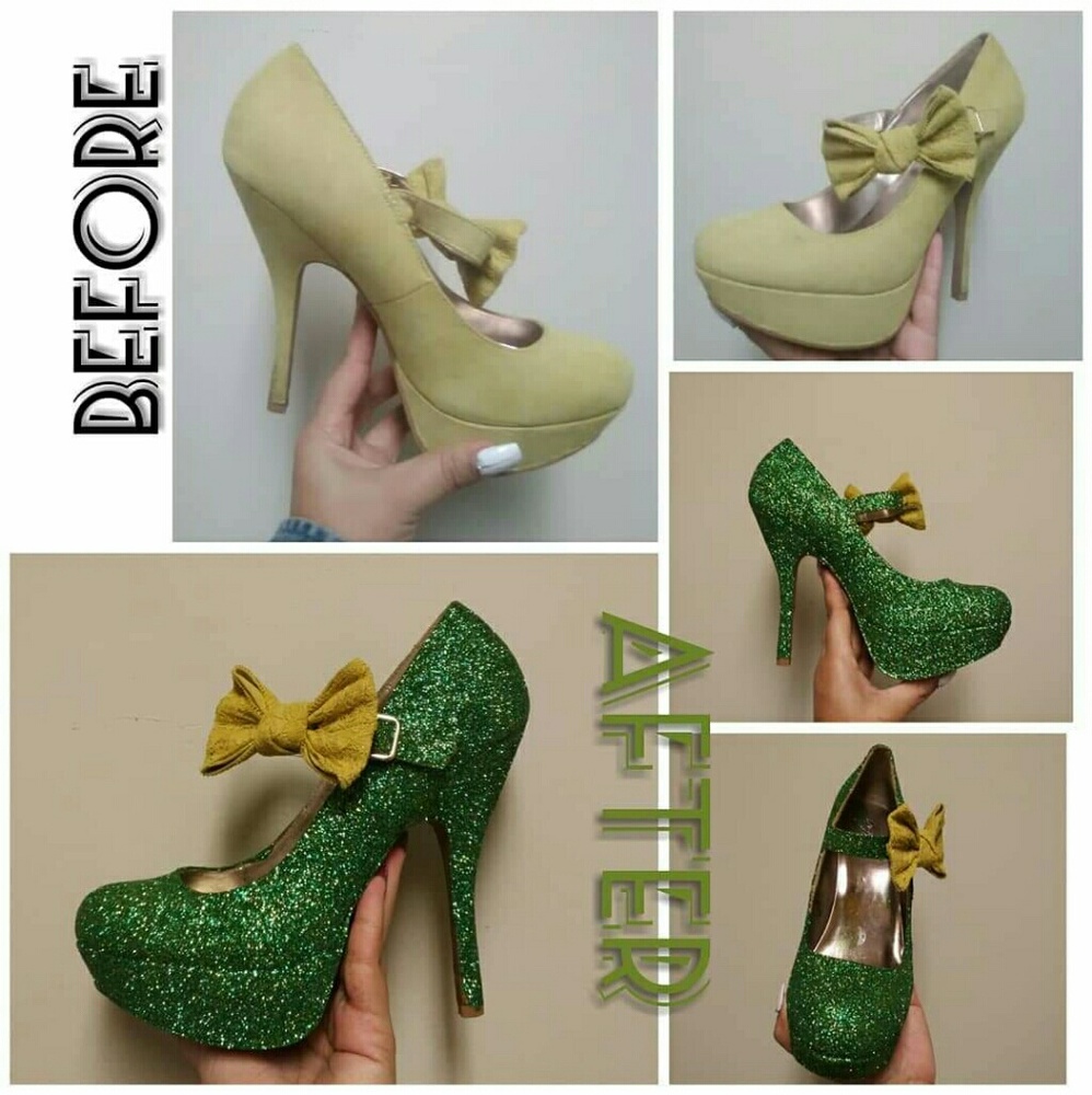 Refashioned green glittered shoes